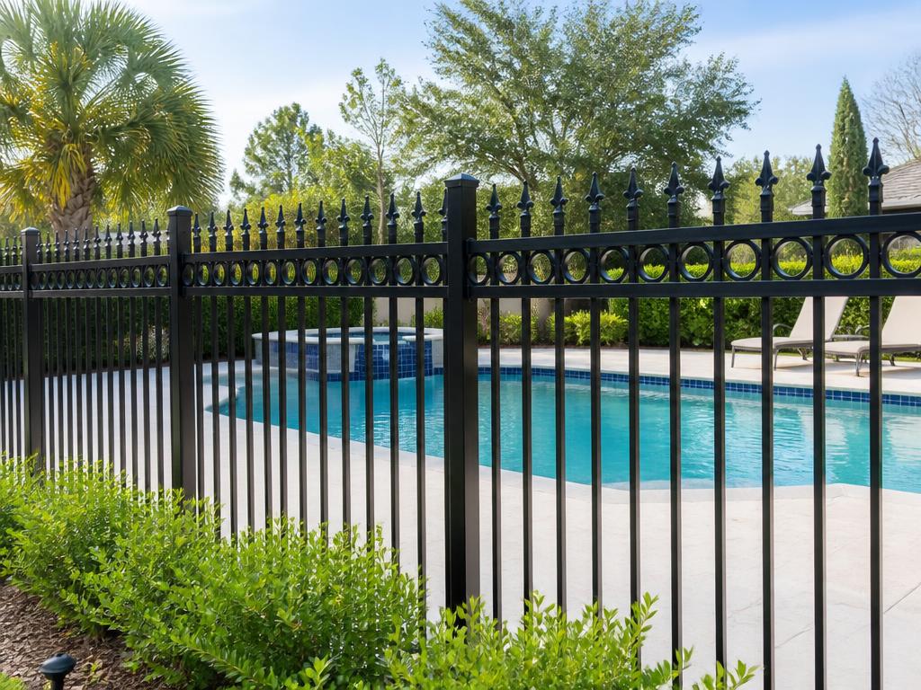 Black ornamental aluminum fence beside a swimming pool